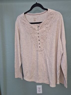 Northcrest Lace-Yoke Long Sleeve Henley - Light Cream